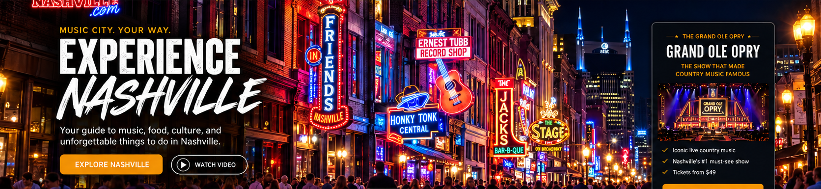 Music City. Your way. Experience Nashville. Neon Broadway at night.