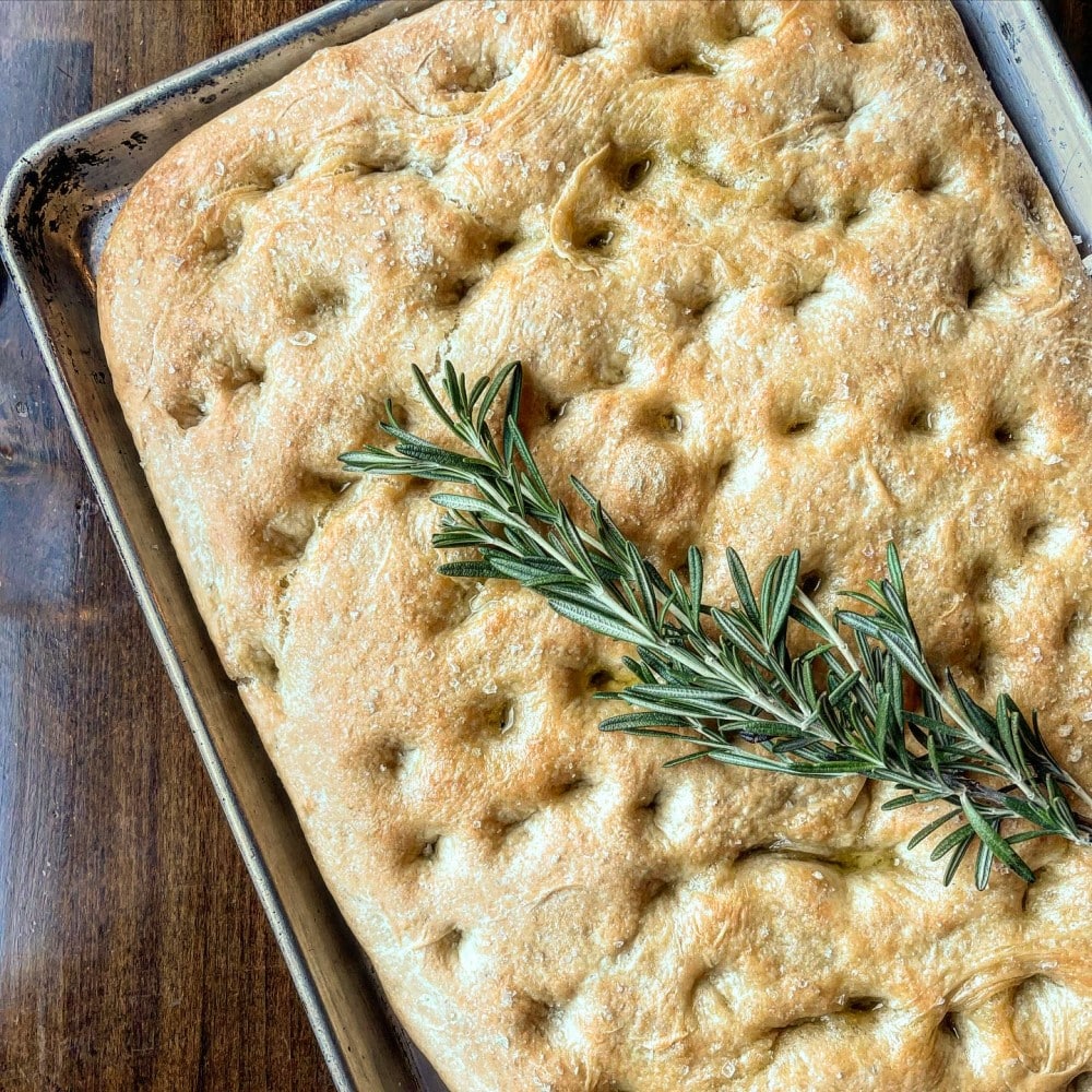 Rosemary Focaccia. Leavened with poolish and finished with garlic oil