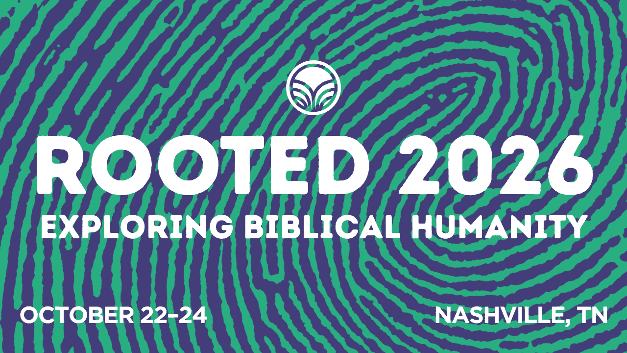 A vibrant fingerprint design with biblical themes promoting Rooted 2026 event in Nashville.