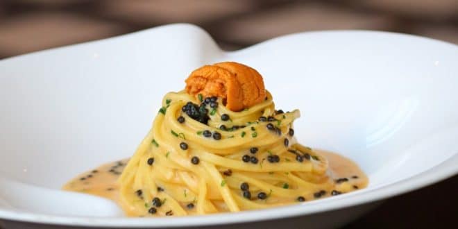 Spaghetti alla Chitarra, - sea urchin, caviar, chives