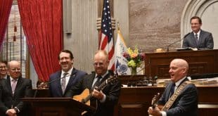 Grand Ole Opry members Dailey & Vincent perform live from the House Chamber floor during a special session honoring the Opry’s 100th anniversary at the Tennessee State Capitol.