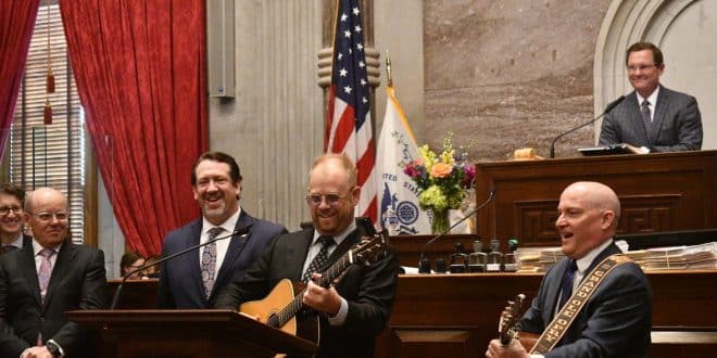 Grand Ole Opry members Dailey & Vincent perform live from the House Chamber floor during a special session honoring the Opry’s 100th anniversary at the Tennessee State Capitol.